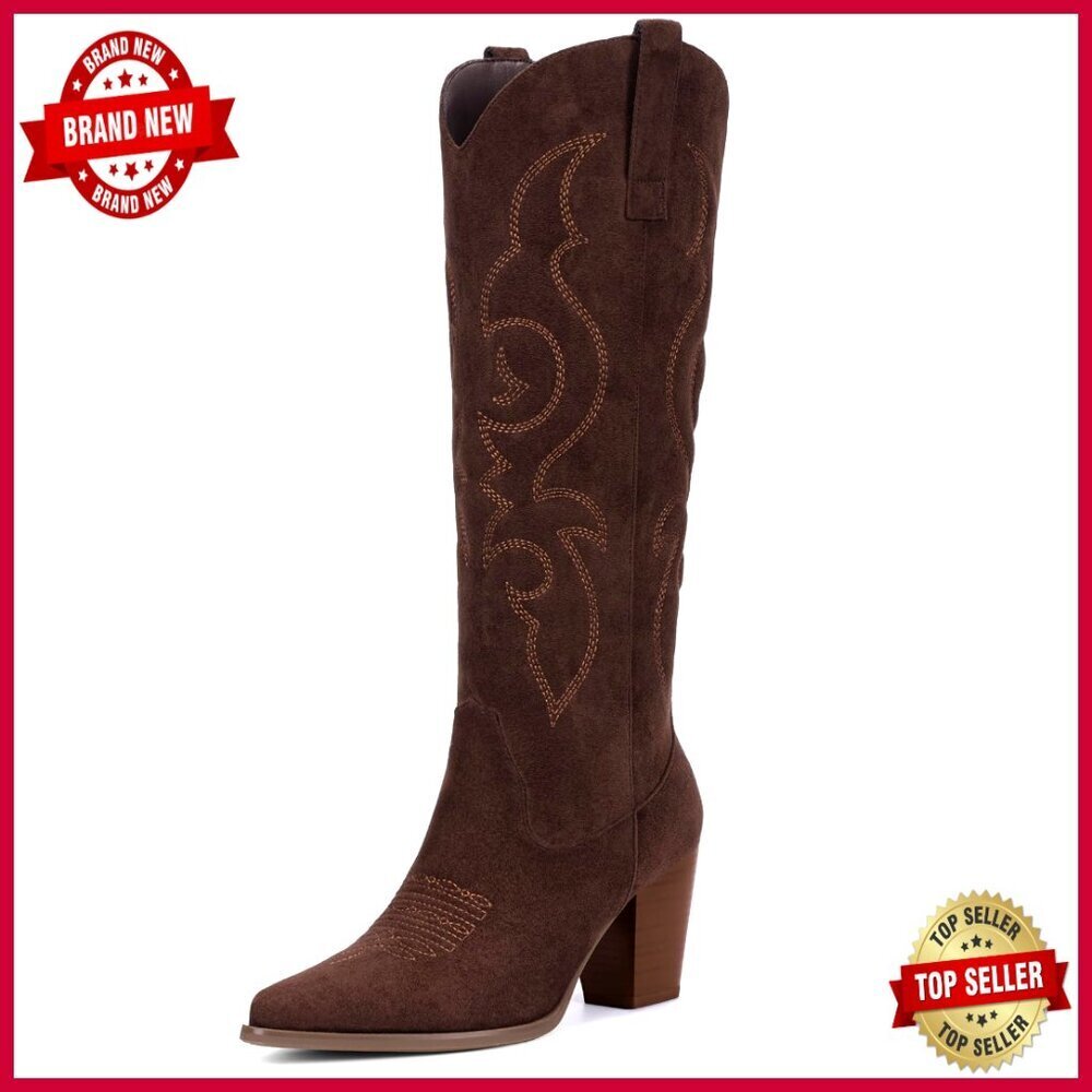Suede Cowboy Boots Knee High Western Retro Pointed Toe Block Heel Side Zipper